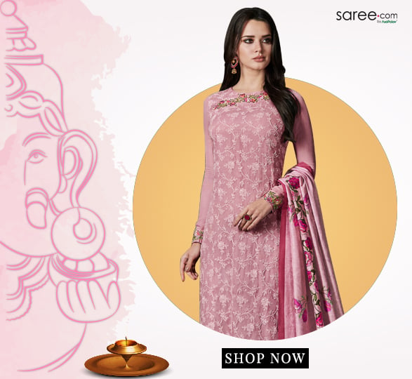 Pink Georgette Straight Cut Suit with Lakhnavi Inspired Embroidery