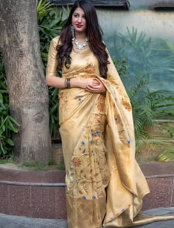 Beige Banarasi Silk Saree with Zari Woven Floral Jaal