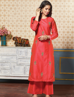 Coral Red and Orange Shaded Art Silk Embroidered Kurti with Palazzo