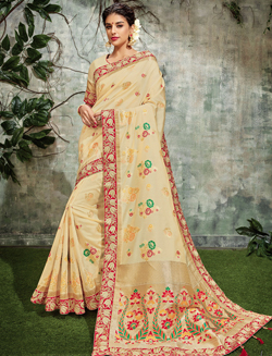 Cream Silk Woven Saree With Embroidered Border