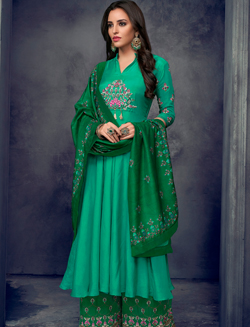 Green Muslin Silk Palazzo Suit with Resham Embroidery