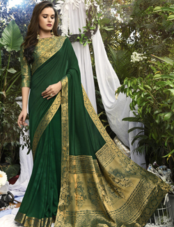 Green Silk Plain Saree with Zari Weaving