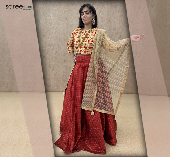 Maroon Skirt with Beige Embroidered Blouse and Golden Net Dupatta