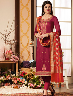 Pink Cotton Silk Straight Cut Embroidered Suit with Heavy Dupatta