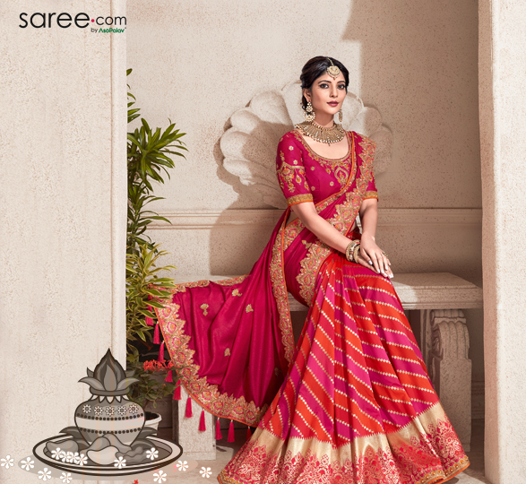 Pink and Orange Silk Woven Half and Half Saree with Embroidered Border
