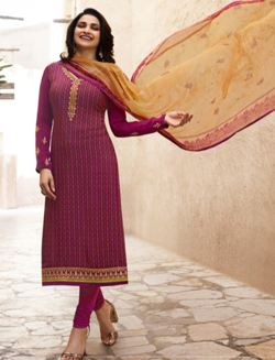 Prachi Desai Magenta Pink Crepe Georgette Designer Straight Cut Suit