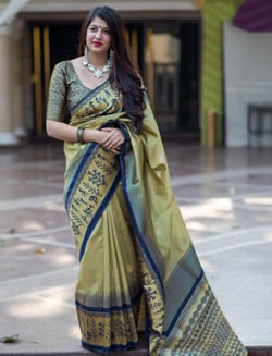 Sage Green Banarasi Silk Woven Saree with Warli Art