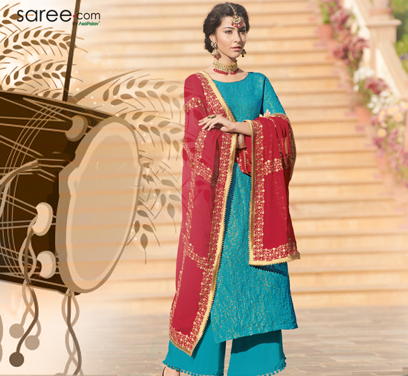 Teal Blue Jacquard Suit with Embroidered Dupatta