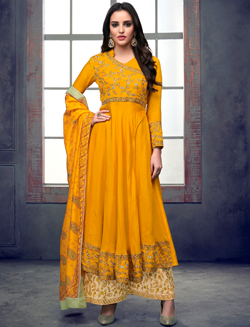 Yellow Muslin Silk Palazzo Suit with Resham Embroidery