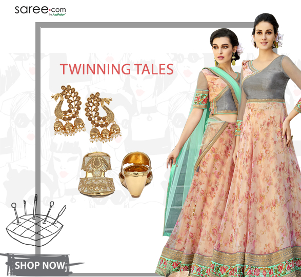 Floral Lehenga Choli and Gown with Golden Color Earrings and Hells