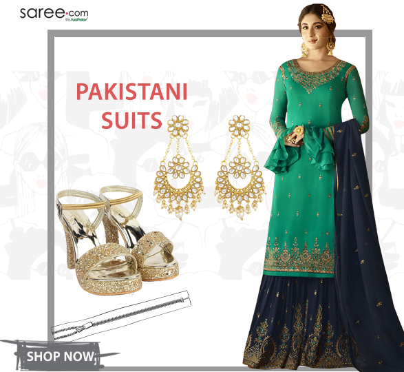 Pakistani Palazzo Suit with Golden Earrings and Golden Heels