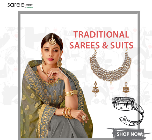 Traditional Saree with Kundan Neckpiece and Kundan Earrings