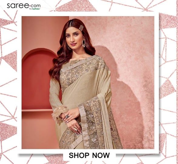 Beige Lycra Shaded Ruffle and Subtle Floral Embroidered Net Bordered Saree