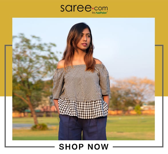 Black And White Checks Khadi Cotton Top with Navy Blue Pleated Palazzo