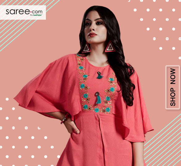 Coral Pink Rayon C Cut Kurti with Bell Sleeves