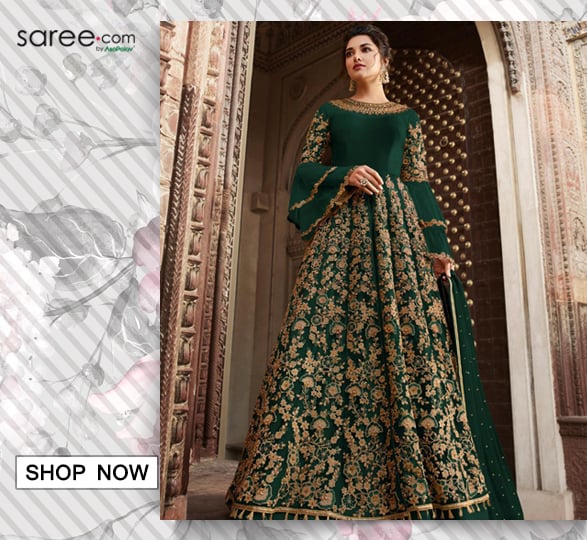 Dark Green Net Embroidered Designer Anarkali Suit with Bell Sleeves