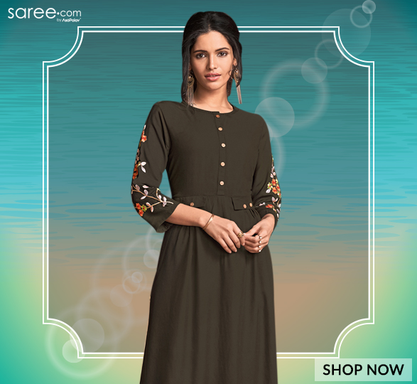 Dark Olive Green Rayon Long Kurti with Embroidered Sleeves