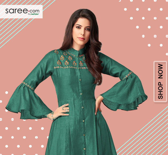 Green Cotton Pleated Embroidered Kurti with Bell Sleeves