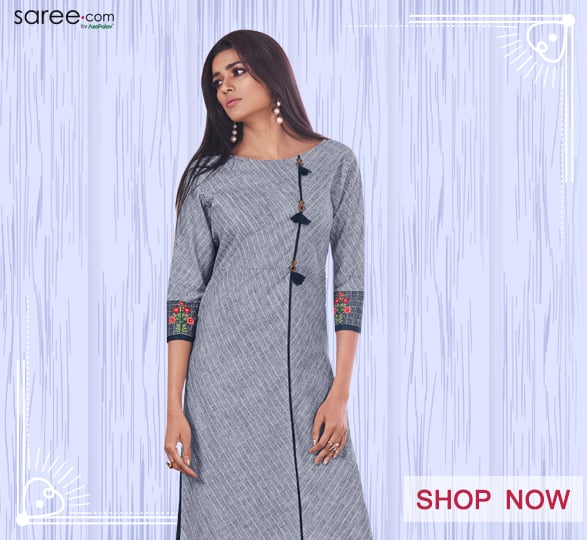 Grey Cotton Stripes Printed Straight Cut Embroidered Kurti