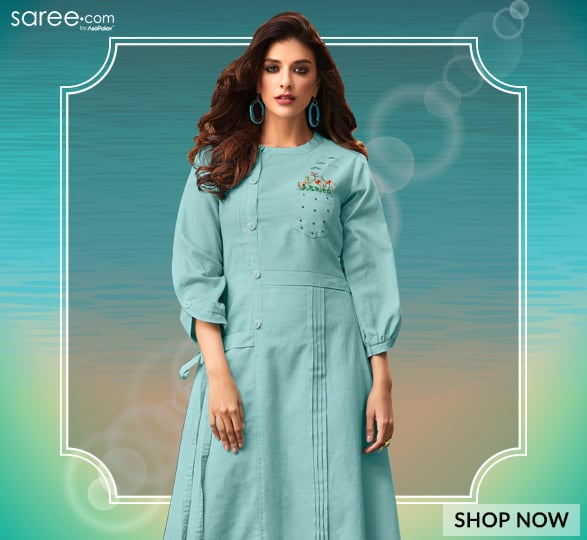 Light Blue Cotton Long Kurti with Embroidery