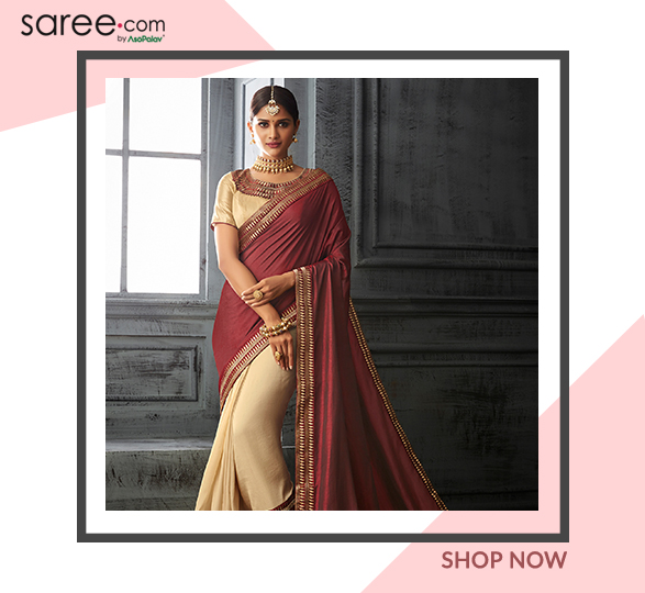 Maroon and Cream Silk Half and Half Saree with Embroidery