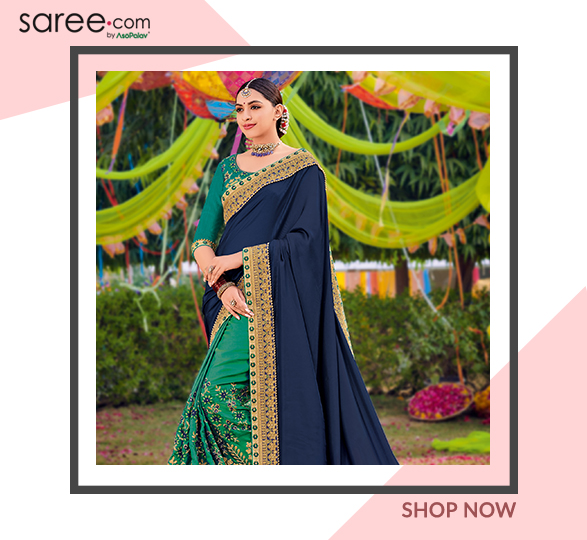 Navy Blue and Teal Green Satin Designer Half and Half Saree with Zari Embroidery