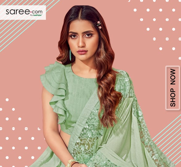 Pastel Green Lycra Ruffle Saree with Floral Embroidered Net Border