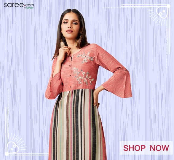 Peach and Multi Colored Stripes Printed Embroidered Kurti