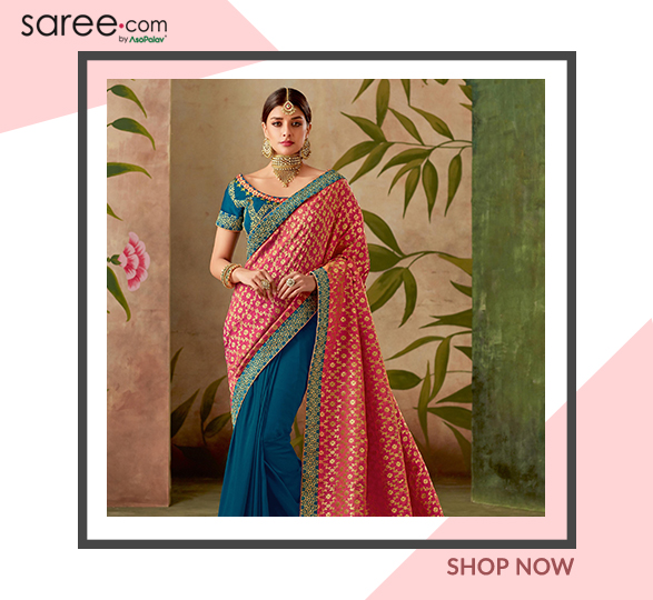 Pink and Peacock Blue Half and Half Woven Saree with Embroidered Border