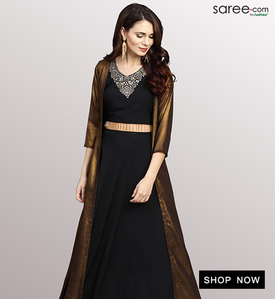 Black Crepe Crop Top with Skirt and Long Copper Golden Shrug