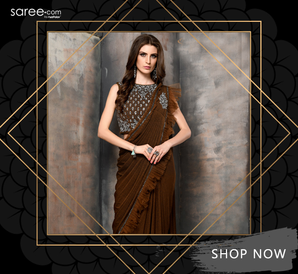 Brown Imported Designer Stitched Ruffle Saree with Patch Work