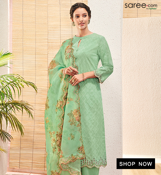 Green Cotton Jacquard Suit with Embroidered Cutwork Border