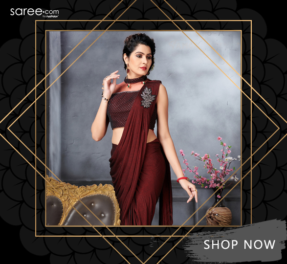 Maroon Lycra Pre Stitched Fancy Saree with Patch Work