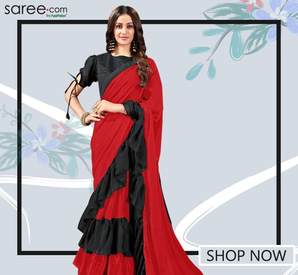 Red Georgette Plain Tiered Ruffle Saree