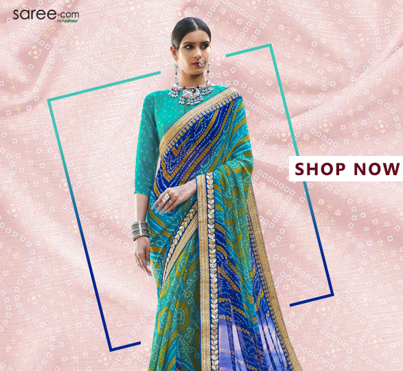 Sea Green and Blue Georgette Traditional Bandhani Print Saree with Lace