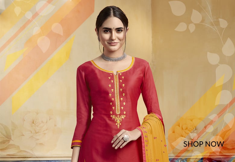 Red Satin Straight Cut Patiala Suit with Embroidery