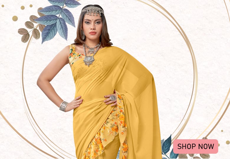 Pastel Yellow Georgette Plain Saree with Floral Print Ruffle Border