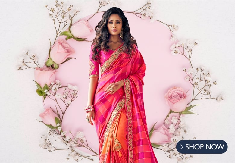 Pink and Orange Banarasi Silk Designer Checks Saree with Embroidered Patch Work