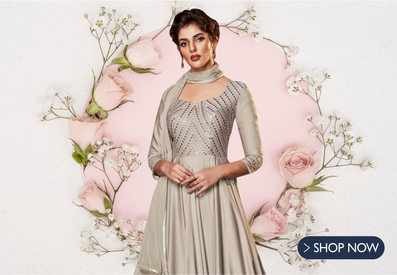Silver Satin Designer Floor Length Anarkali Gown with Mirror Work