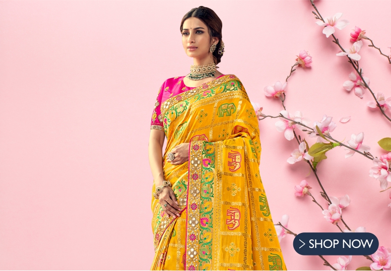 Yellow Banarasi Silk Designer Woven Saree with Elephant and Floral Motifs
