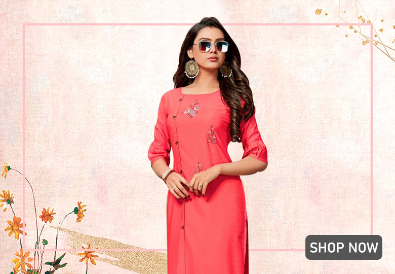 Coral Pink Rayon Embroidered Straight Cut Kurti with Buttons