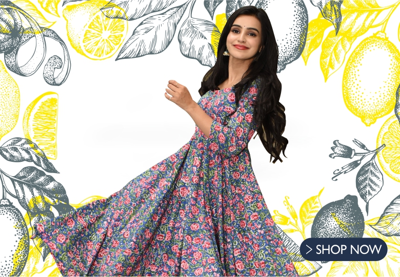 Navy Blue Muslin All Over Pink Floral Printed Anarkali Kurti with Palazzo