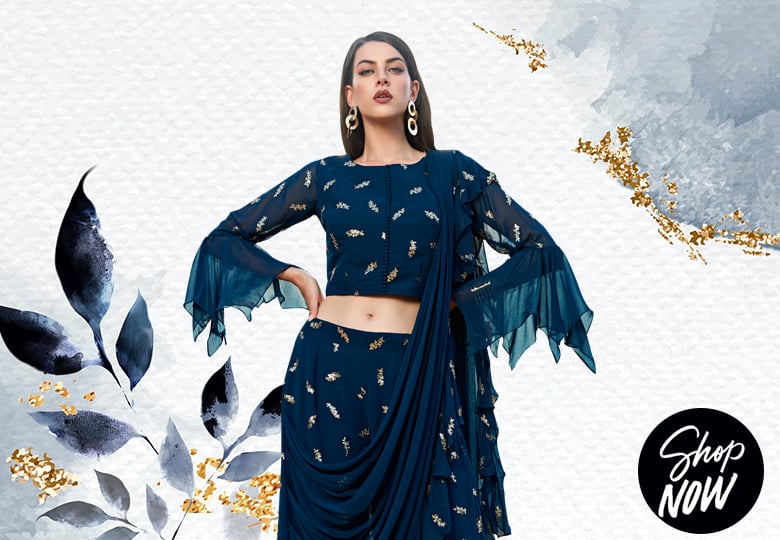 Navy Blue Georgette Sequins Worked Crop Top with Palazzo and Attached Dupatta