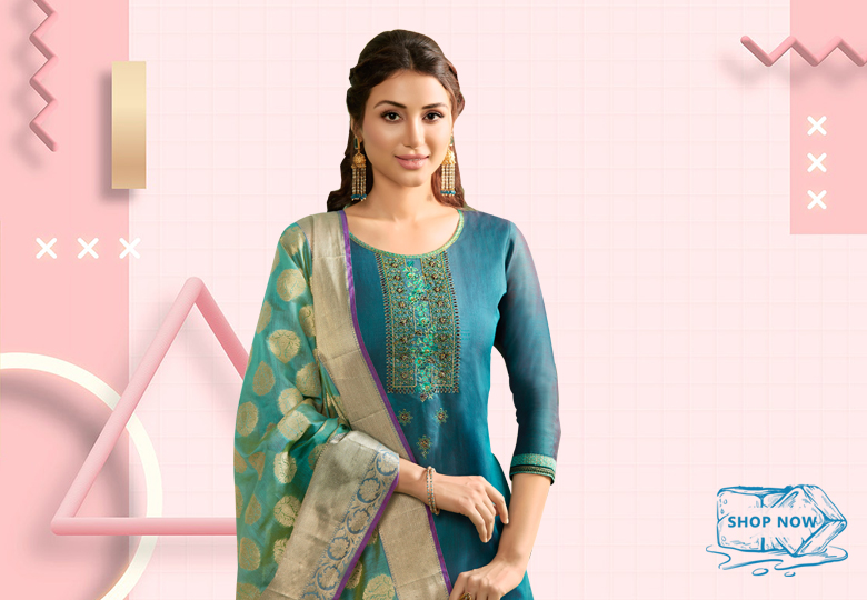 Teal Blue Chanderi Straight Cut Suit with Embroidery