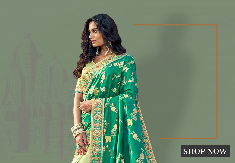 Teal Green and Pista Green Banarasi Silk Traditional Saree with Floral Jaal Woven Pallu