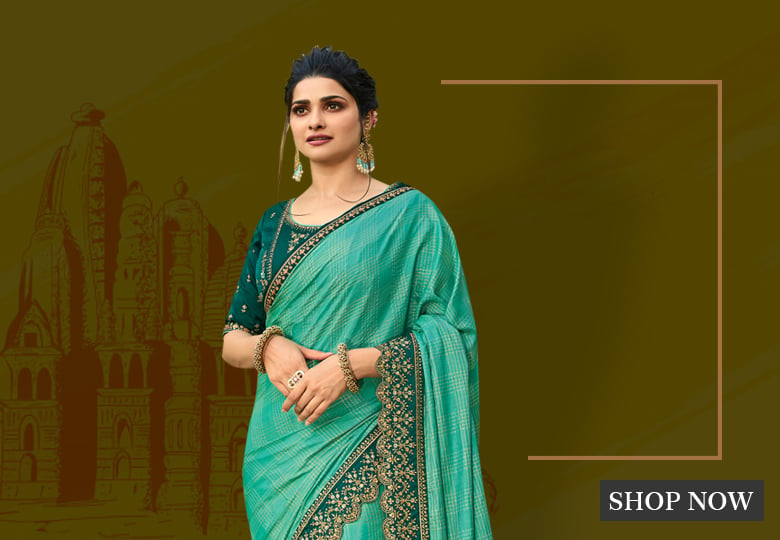 Prachi Desai Turquoise Green Silk Checks Print Saree with Embroidered Cutwork Border