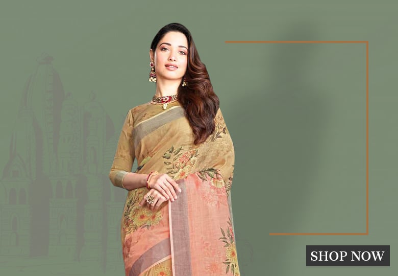 Tamannaah Bhatia Beige and Peach Ombre Linen Cotton Floral Printed Saree