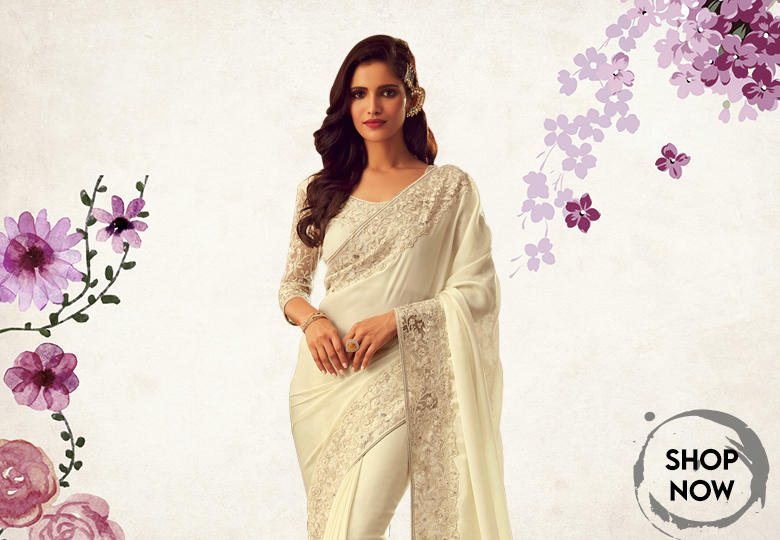 Pearl White Silk Plain Saree with Floral Embroidered Border