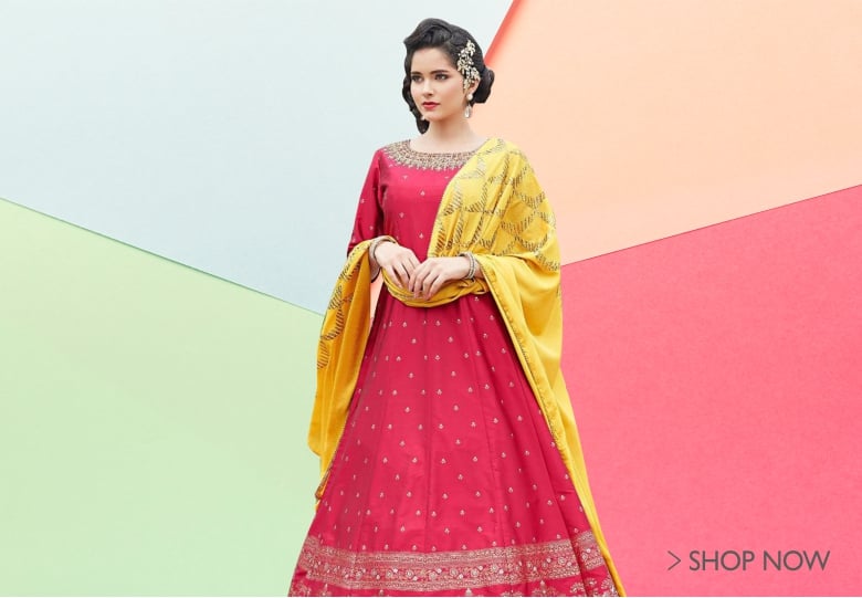 Rani Pink Satin Silk Designer Anarkali Suit with Handwork