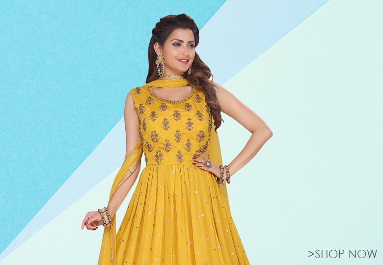 Yellow Chinon Handworked Anarkali Suit with Sequins Work